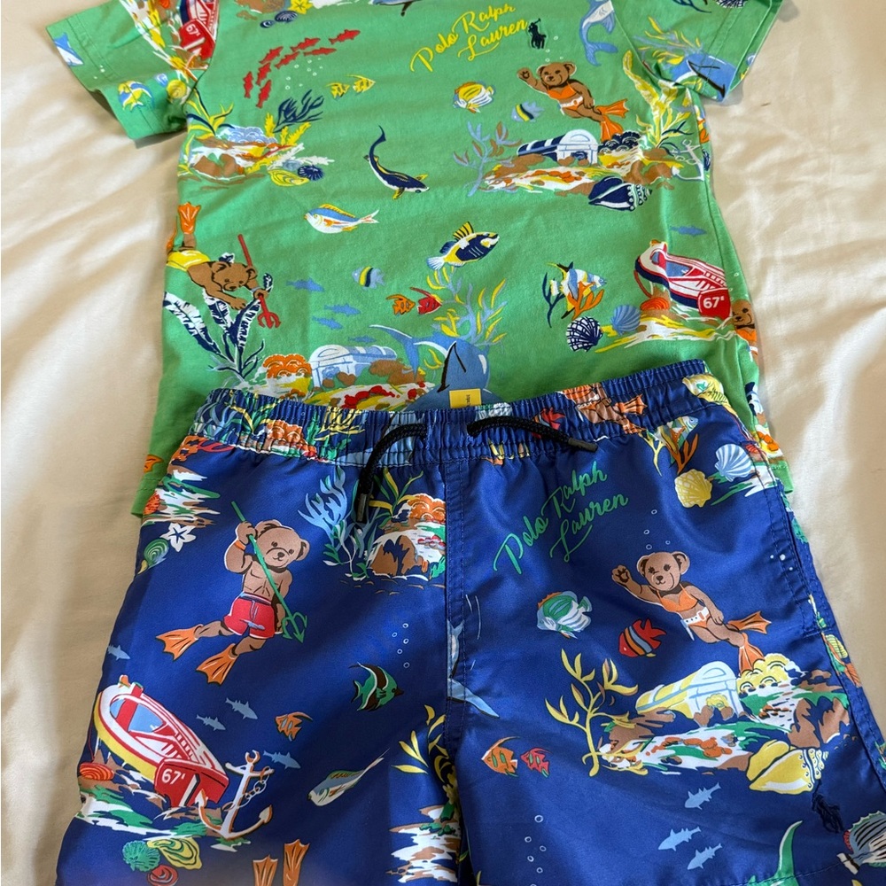Ralph Lauren Kids' Blue and Green Swimwear Set shirt 4t shorts 5t bundle